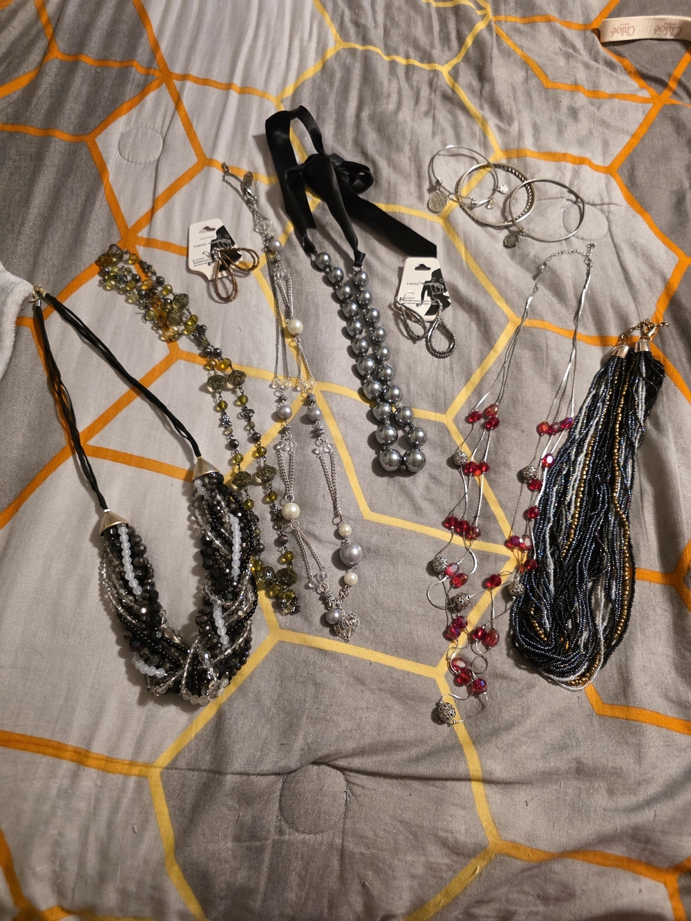 Assorted Jewerly Multi-Strand Beaded Necklace Set in Gray, Black, Red, Yellow